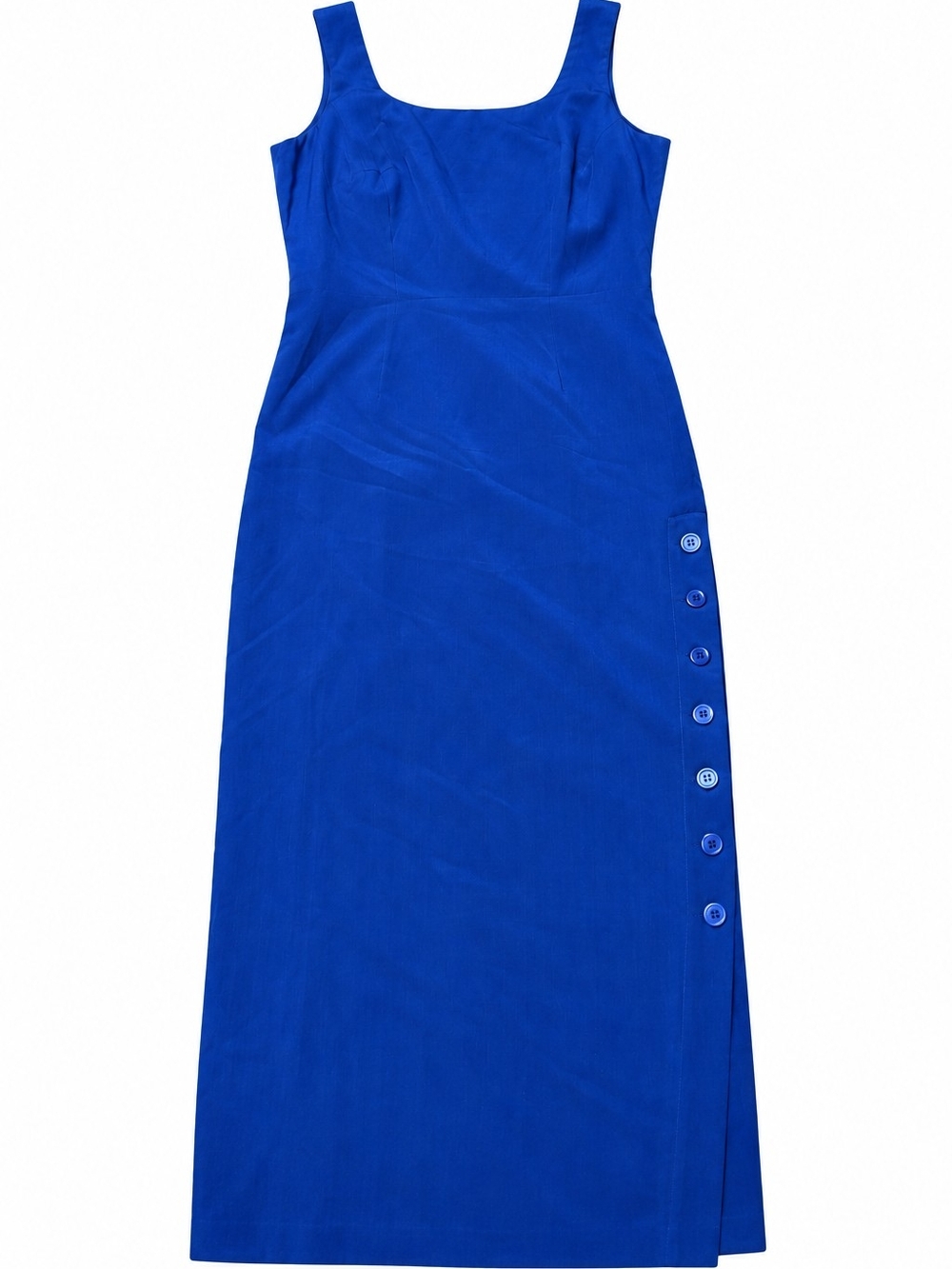 Vintage Pronto America 100% Silk Blue Midi Dress Size 12 Side Button Slit
